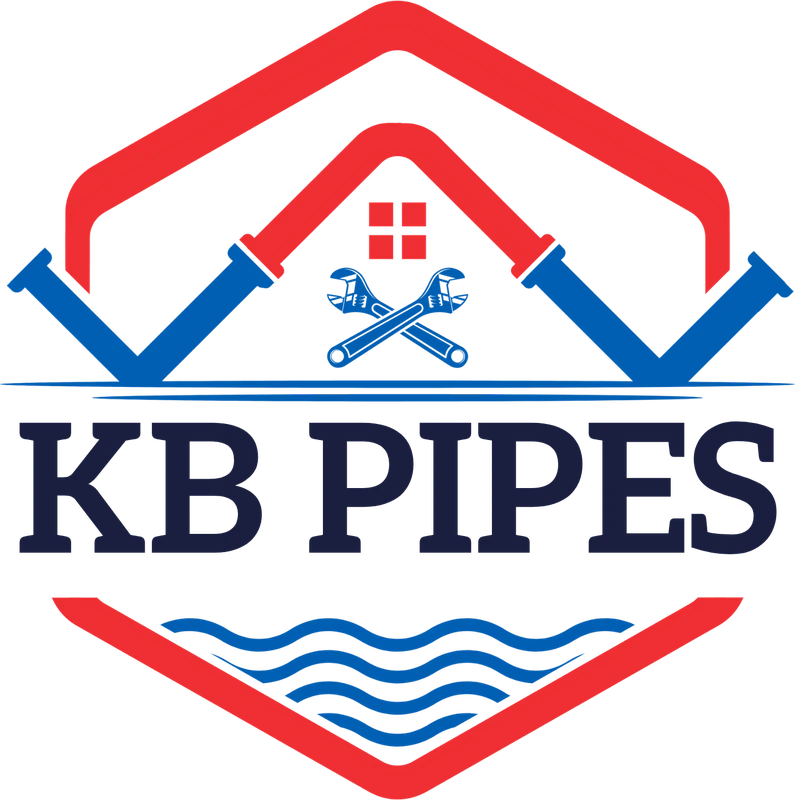 KB Pipes logo: a house drawn in red and blue pipe with two crossed wrenches over water